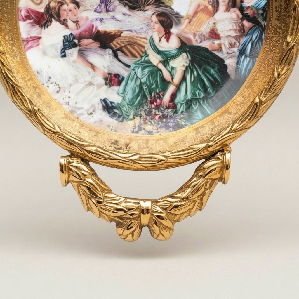 Neoclassical Brass Hanging Decorative Plate with Laurel Swag Frame & Court Scene Porcelain — Gold
