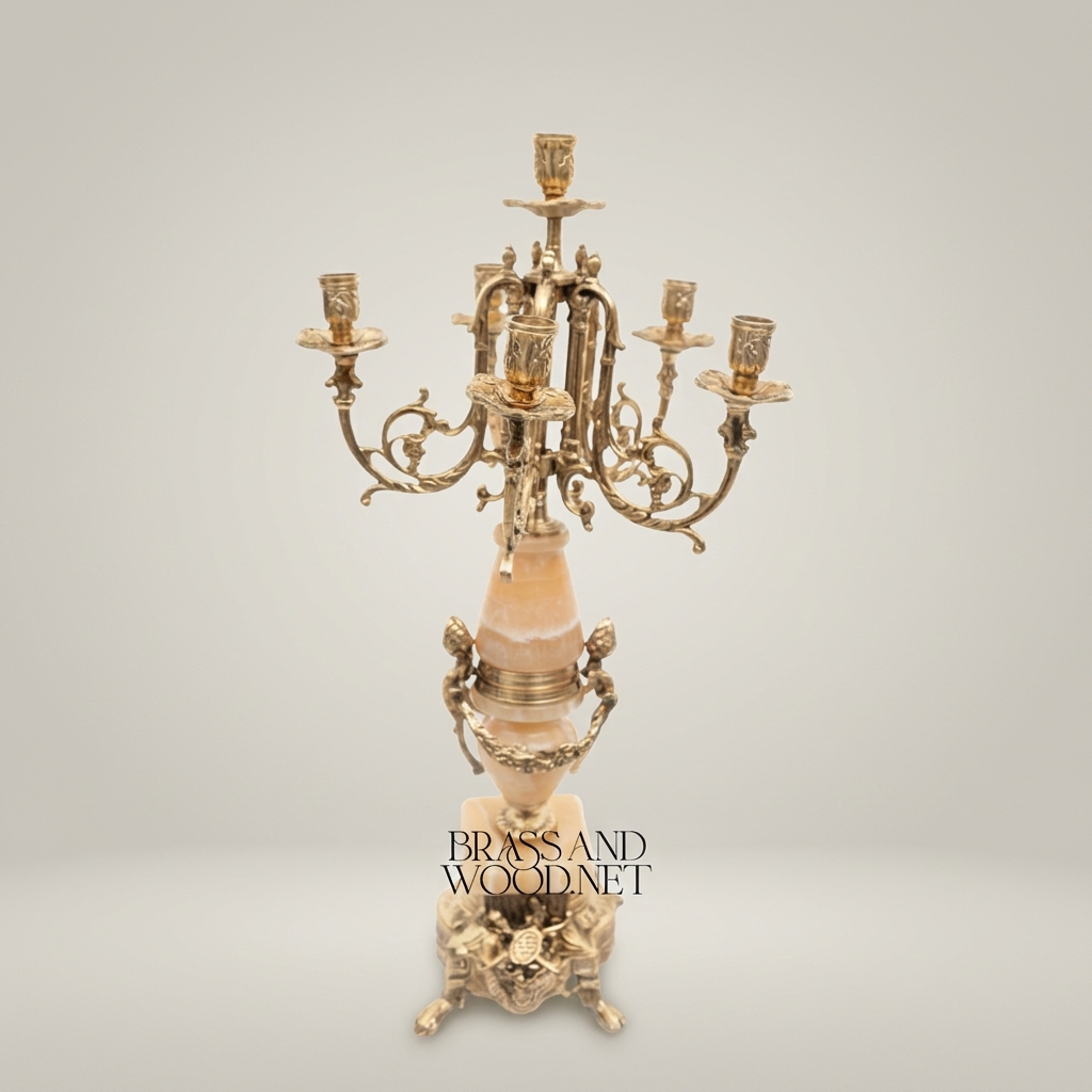 Neoclassical Brass & Onyx Marble Five-Arm Candelabra with Acanthus Ormolu Base — Antique Gold
