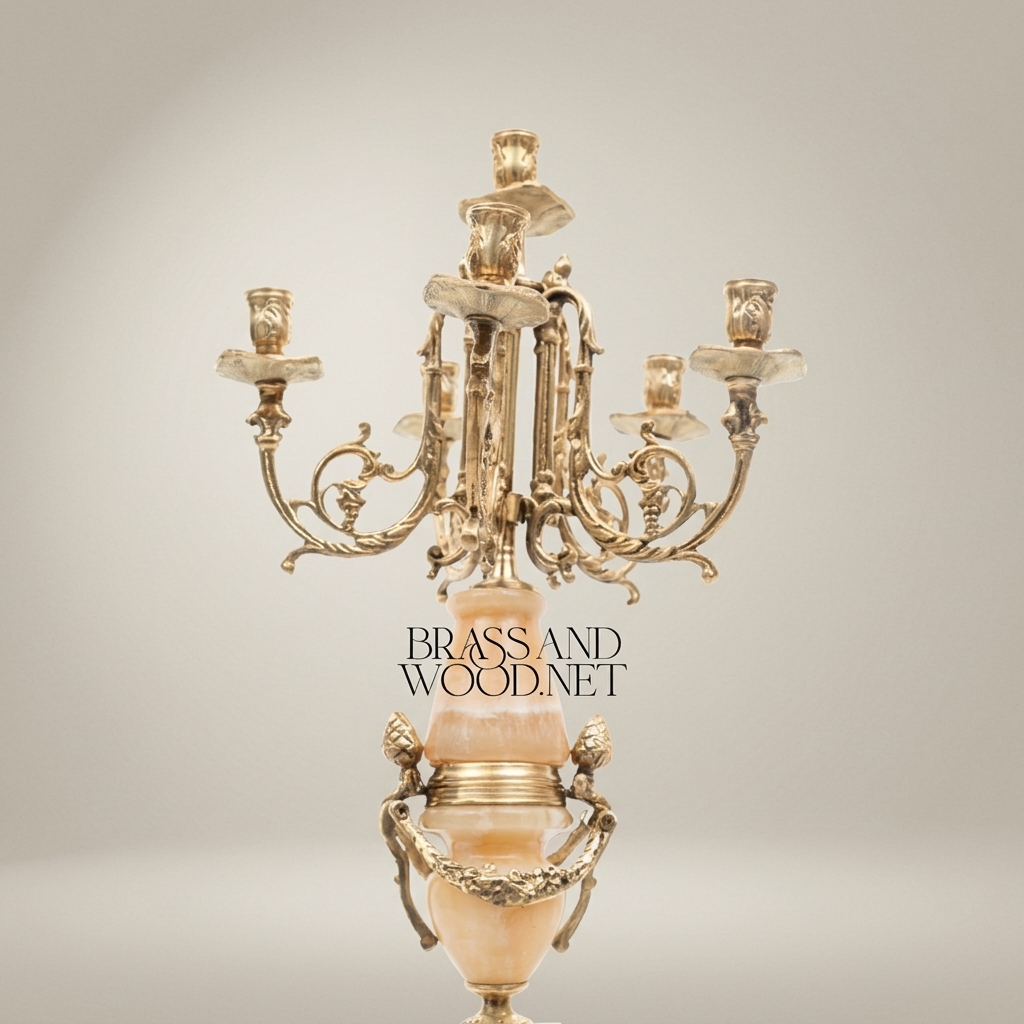 Neoclassical Brass & Onyx Marble Five-Arm Candelabra with Acanthus Ormolu Base — Antique Gold