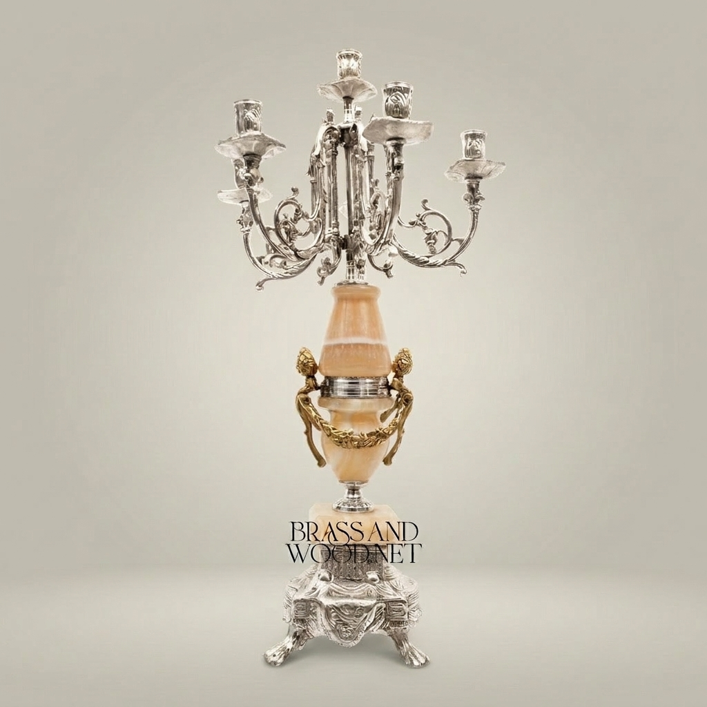 Neoclassical Brass & Onyx Marble Five-Arm Candelabra with Acanthus Ormolu Base — Silver