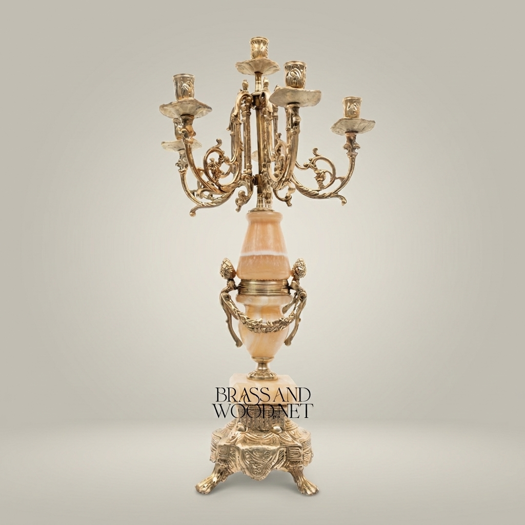 Neoclassical Brass & Onyx Marble Five-Arm Candelabra with Acanthus Ormolu Base — Antique Gold