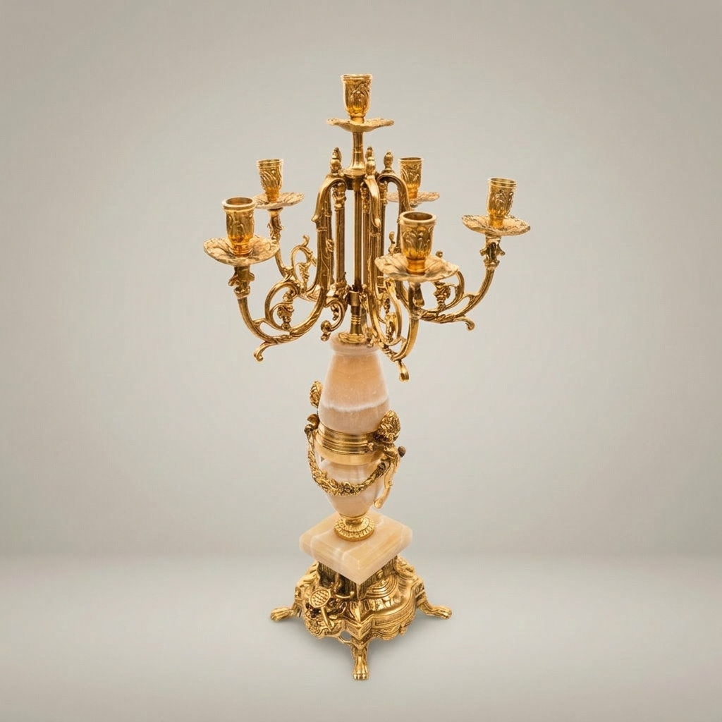 Neoclassical Brass & Onyx Marble Five-Arm Candelabra with Acanthus Ormolu Base — Gold