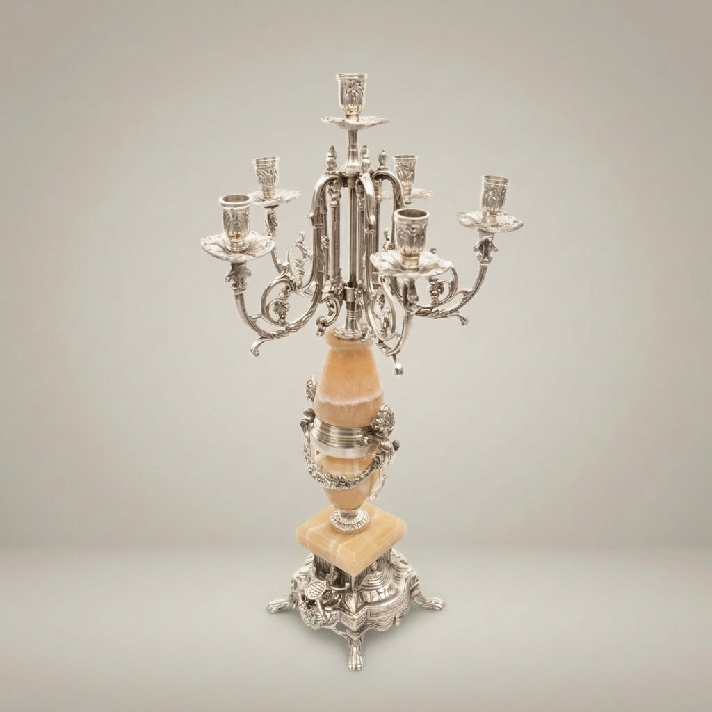 Neoclassical Brass & Onyx Marble Five-Arm Candelabra with Acanthus Ormolu Base — Silver