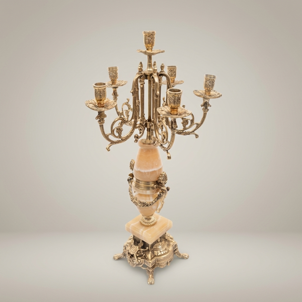 Neoclassical Brass & Onyx Marble Five-Arm Candelabra with Acanthus Ormolu Base — Antique Gold