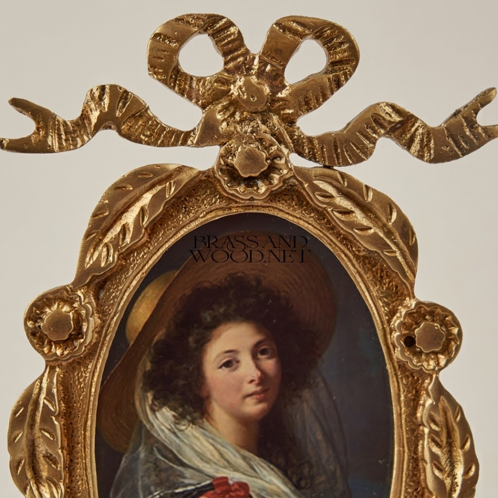 Neoclassical Brass Oval Wall Plate with Ribbon Bow & Floral Garland Frame — Antique Gold