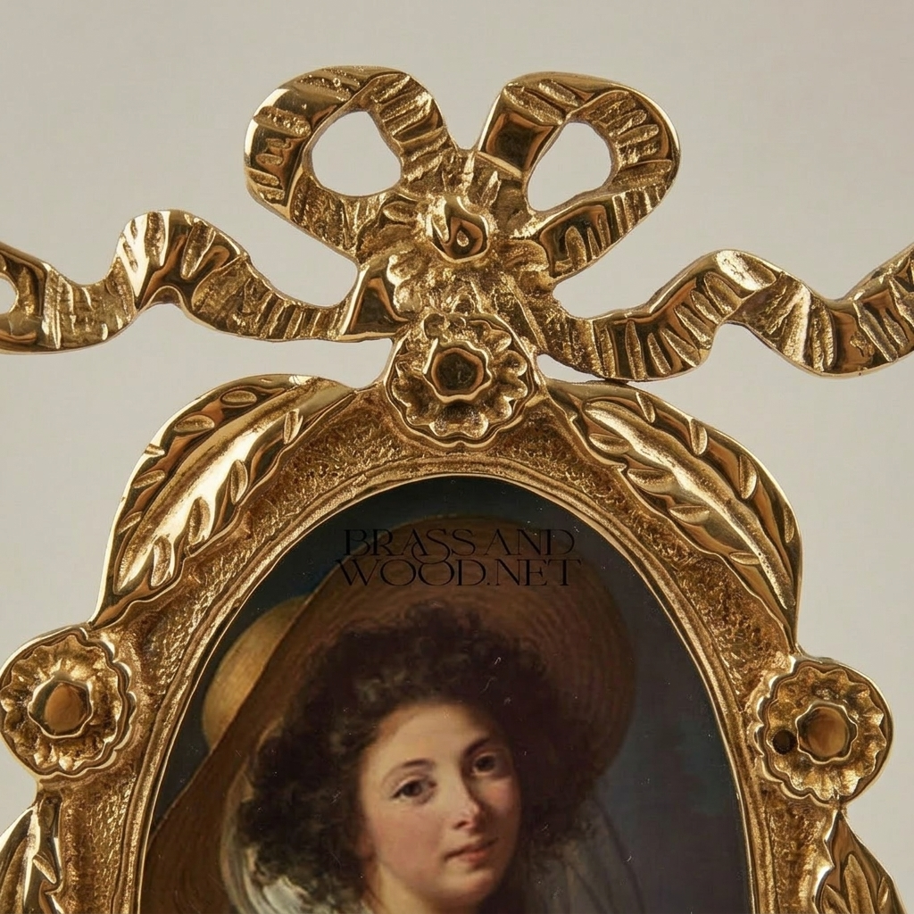 Neoclassical Brass Oval Wall Plate with Ribbon Bow & Floral Garland Frame — Gold