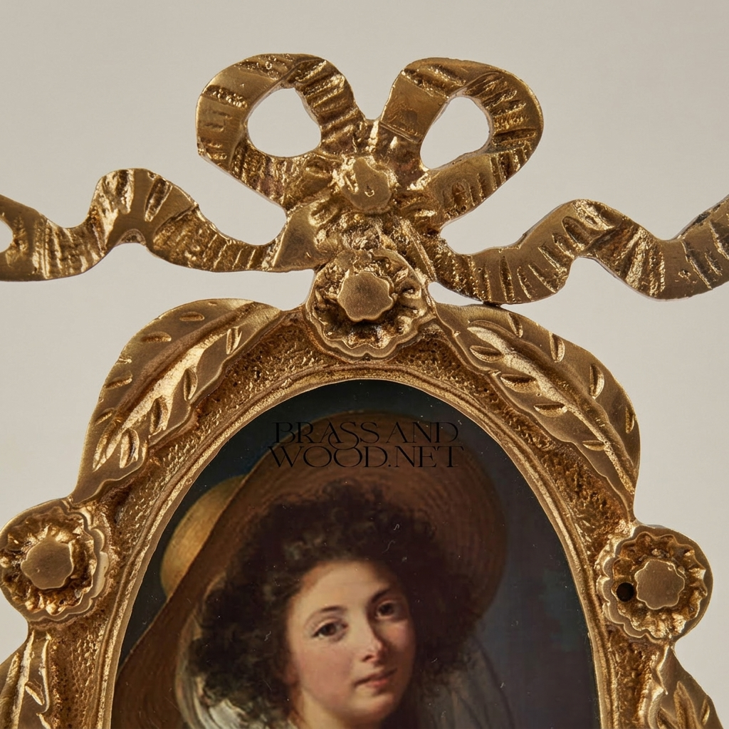 Neoclassical Brass Oval Wall Plate with Ribbon Bow & Floral Garland Frame — Antique Gold