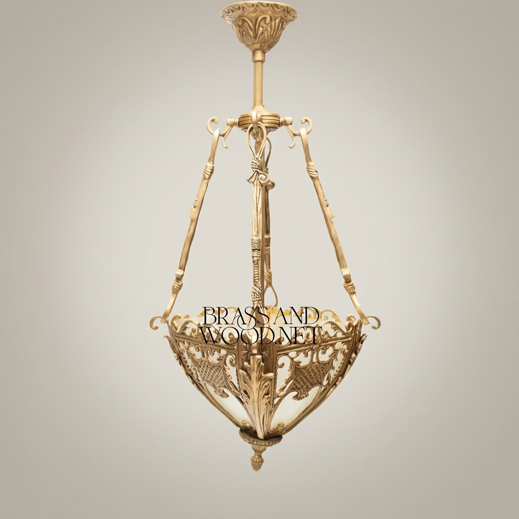 Neoclassical Brass Pendant Lantern with Acanthus Scroll Frame & Frosted Glass Bowl — Antique Gold