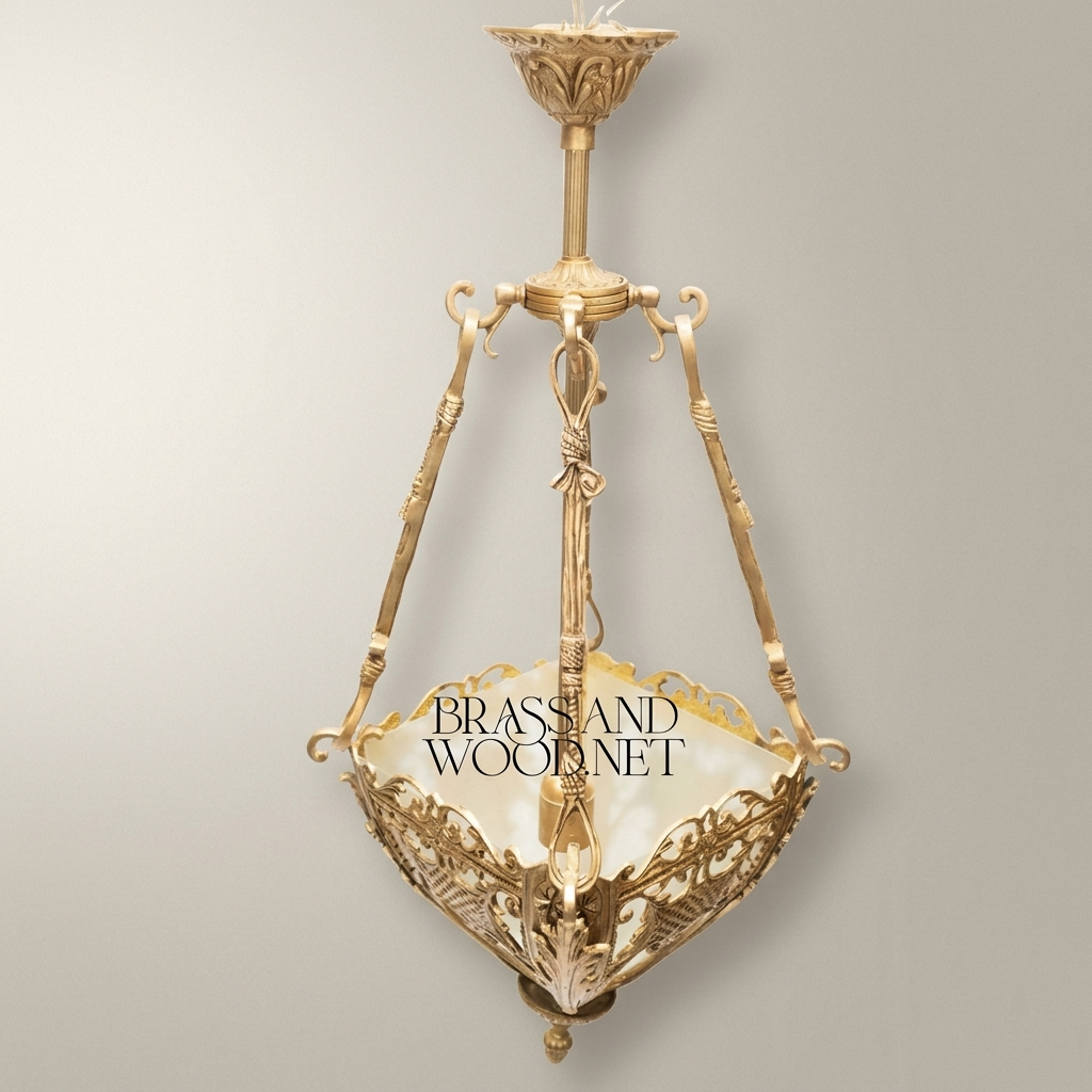 Neoclassical Brass Pendant Lantern with Acanthus Scroll Frame & Frosted Glass Bowl — Antique Gold