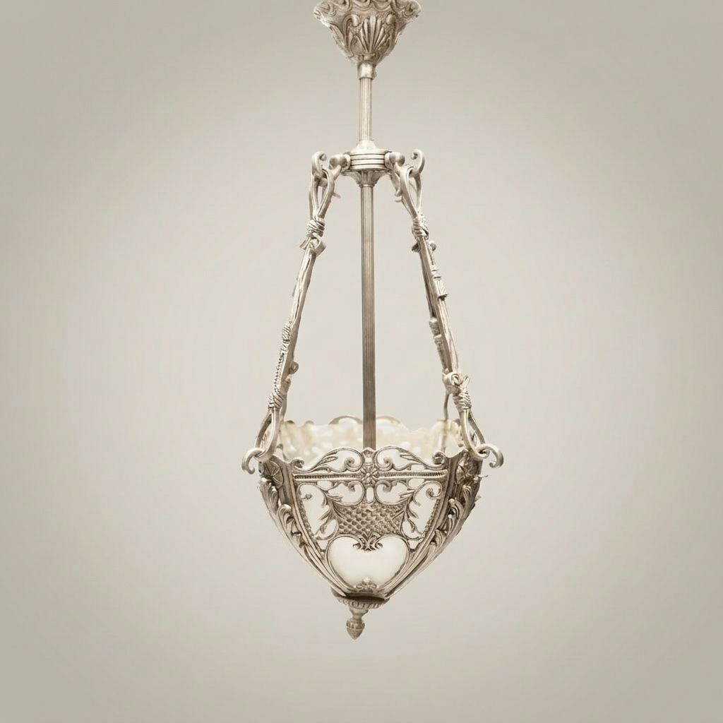 Neoclassical Brass Pendant Lantern with Acanthus Scroll Frame & Frosted Glass Bowl — Silver