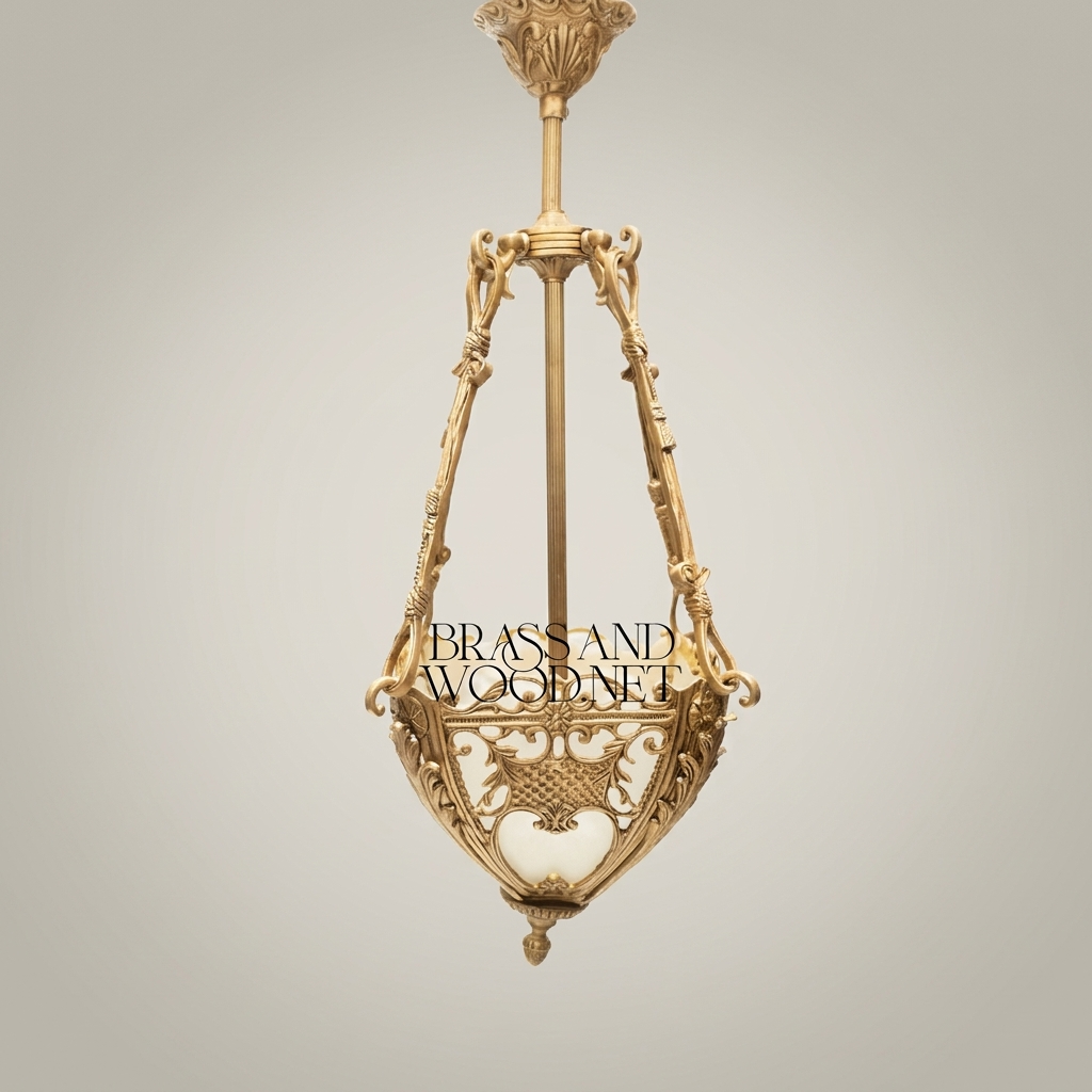 Neoclassical Brass Pendant Lantern with Acanthus Scroll Frame & Frosted Glass Bowl — Antique Gold