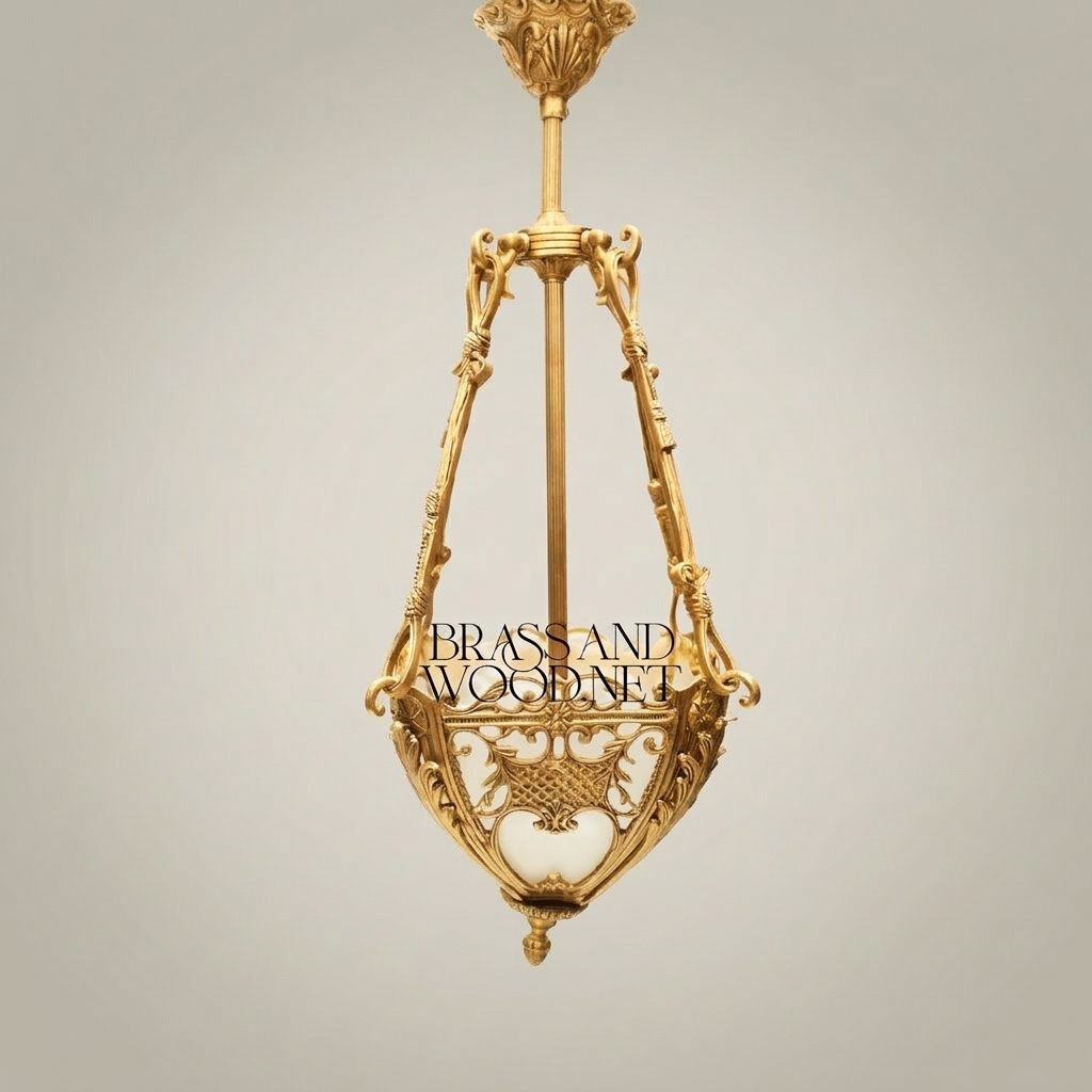 Neoclassical Brass Pendant Lantern with Acanthus Scroll Frame & Frosted Glass Bowl — Gold