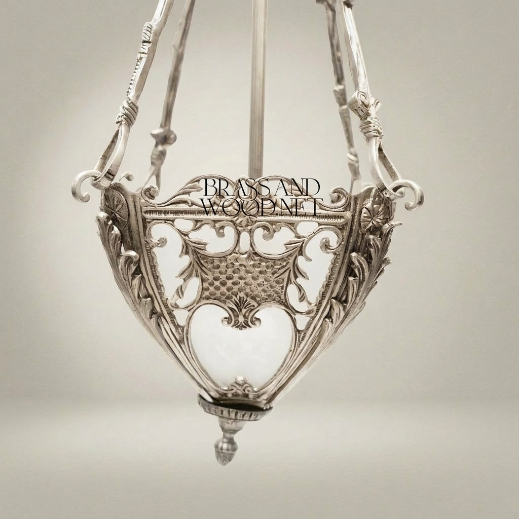Neoclassical Brass Pendant Lantern with Acanthus Scroll Frame & Frosted Glass Bowl — Silver
