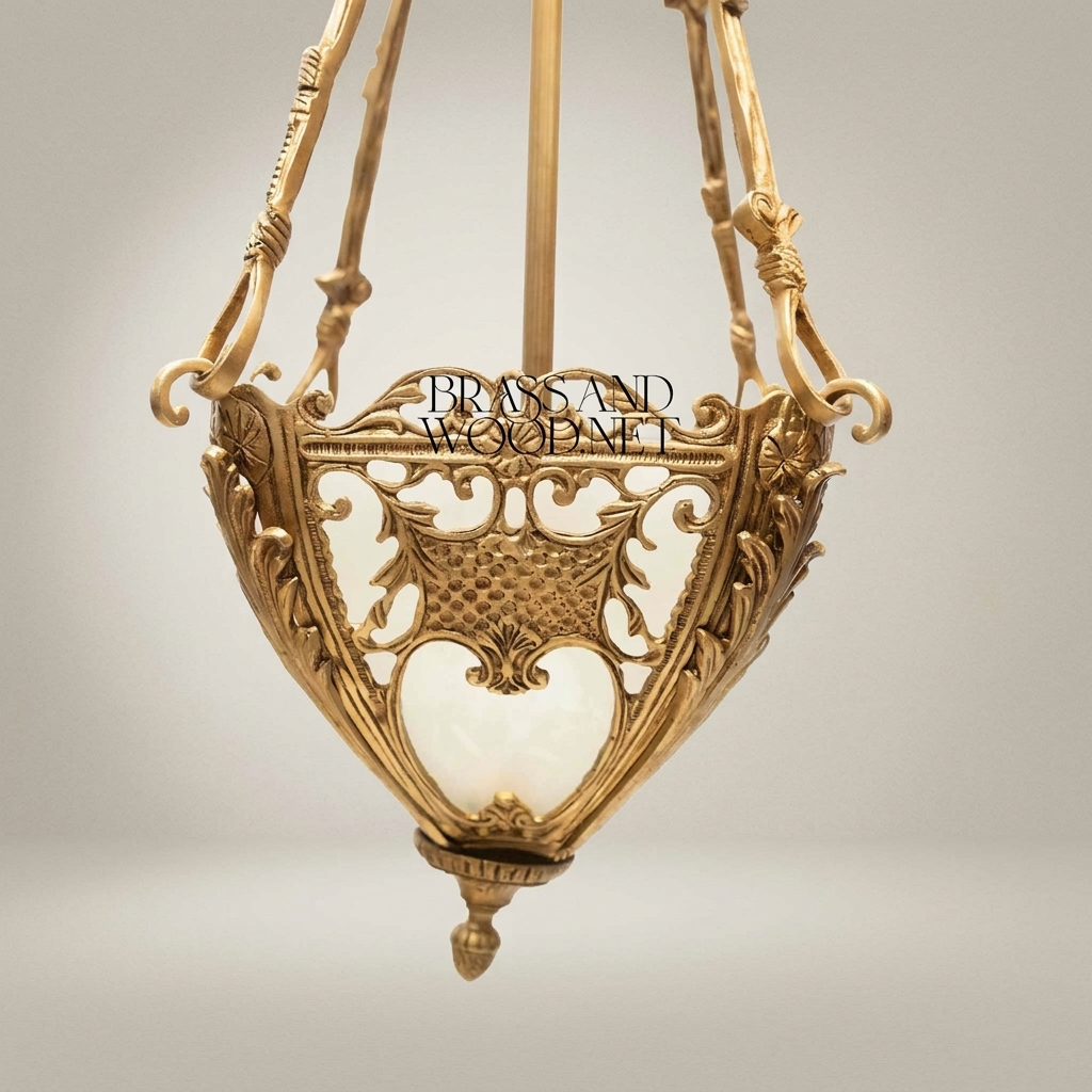 Neoclassical Brass Pendant Lantern with Acanthus Scroll Frame & Frosted Glass Bowl — Antique Gold