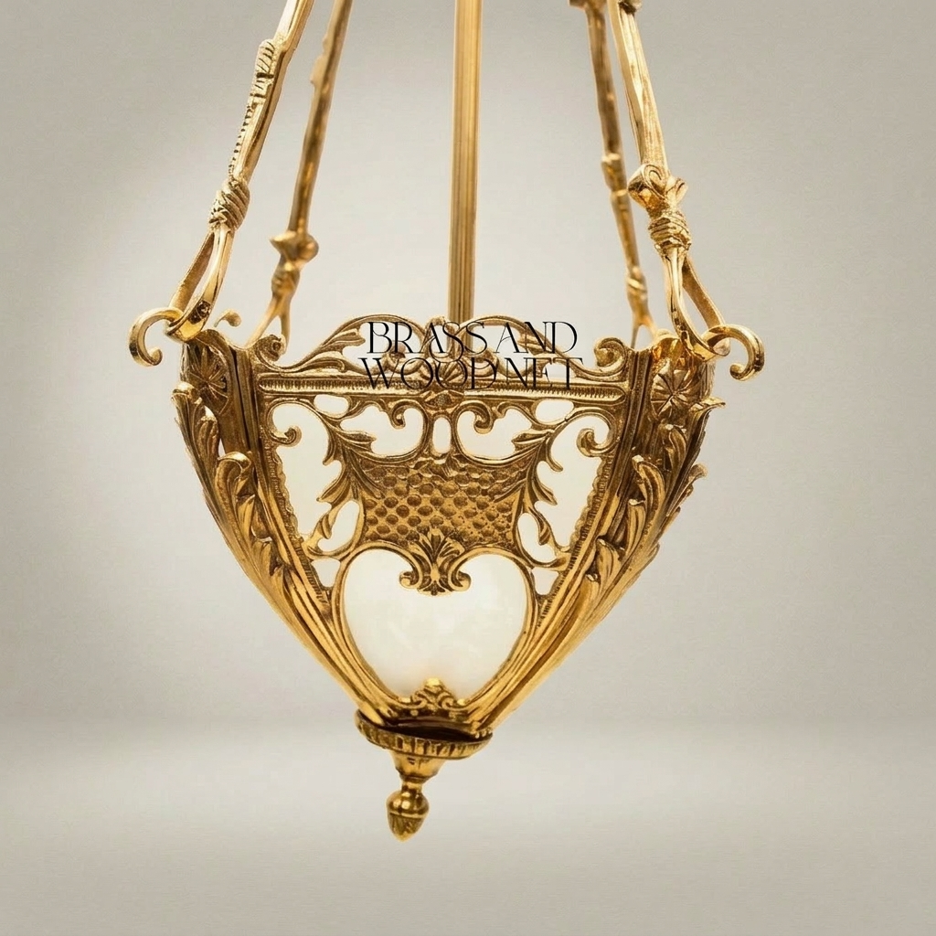 Neoclassical Brass Pendant Lantern with Acanthus Scroll Frame & Frosted Glass Bowl