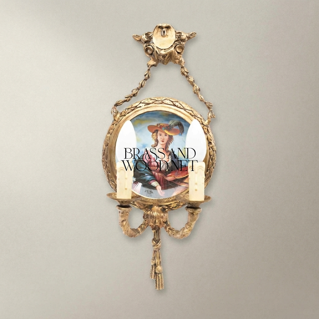 Neoclassical Brass & Porcelain Wall Sconce with Hand-Painted Lady Medallion — Antique Gold