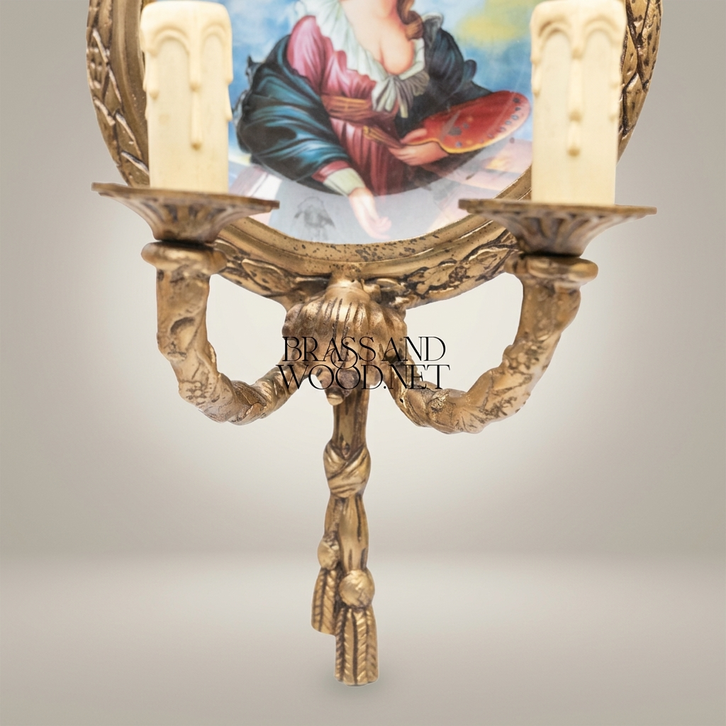 Neoclassical Brass & Porcelain Wall Sconce with Hand-Painted Lady Medallion — Antique Gold
