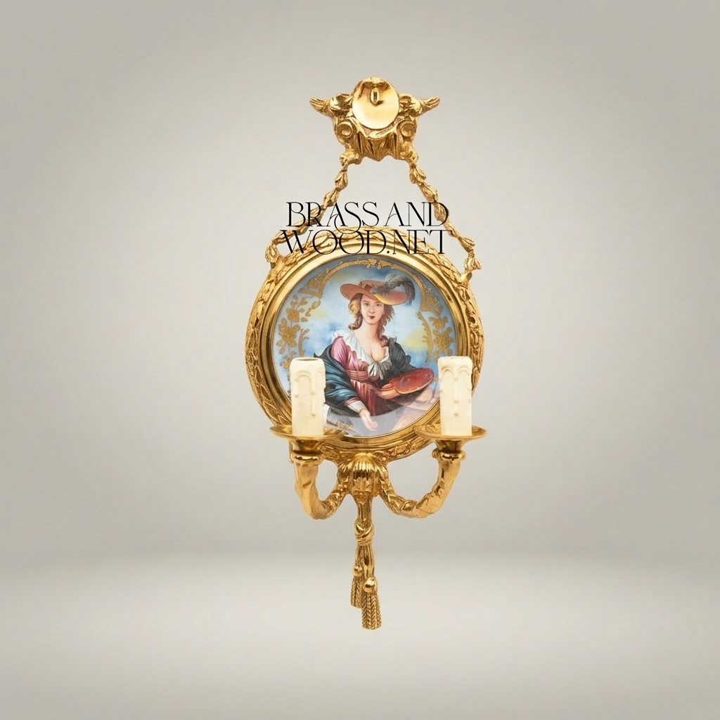Neoclassical Brass & Porcelain Wall Sconce with Hand-Painted Lady Medallion