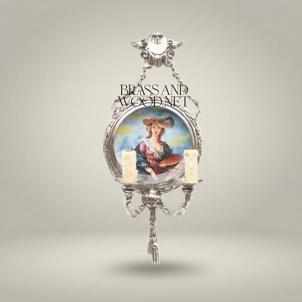 Neoclassical Brass & Porcelain Wall Sconce with Hand-Painted Lady Medallion — Silver