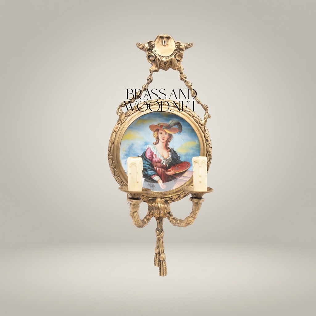 Neoclassical Brass & Porcelain Wall Sconce with Hand-Painted Lady Medallion — Antique Gold