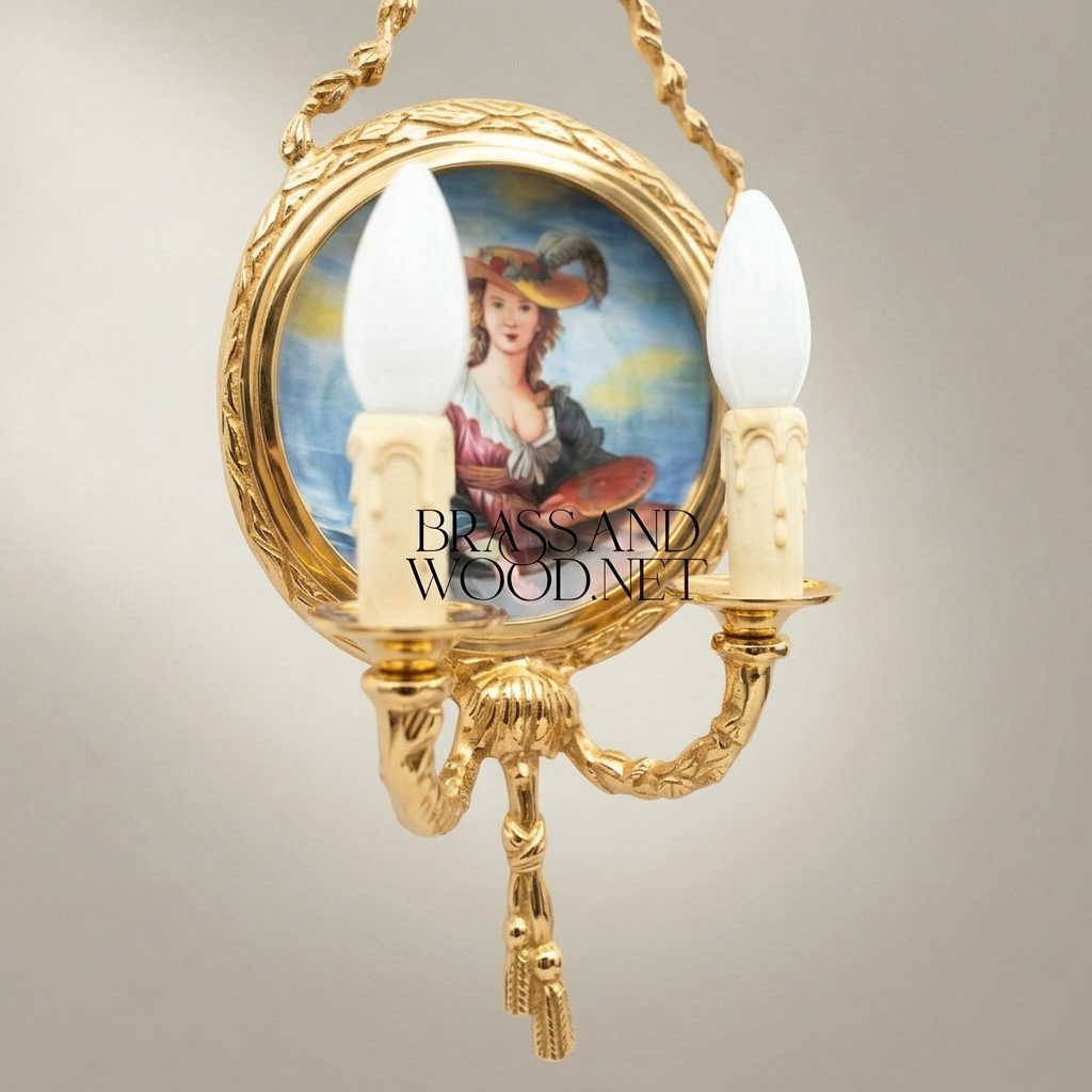 Neoclassical Brass & Porcelain Wall Sconce with Hand-Painted Lady Medallion