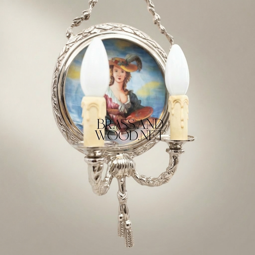 Neoclassical Brass & Porcelain Wall Sconce with Hand-Painted Lady Medallion — Silver