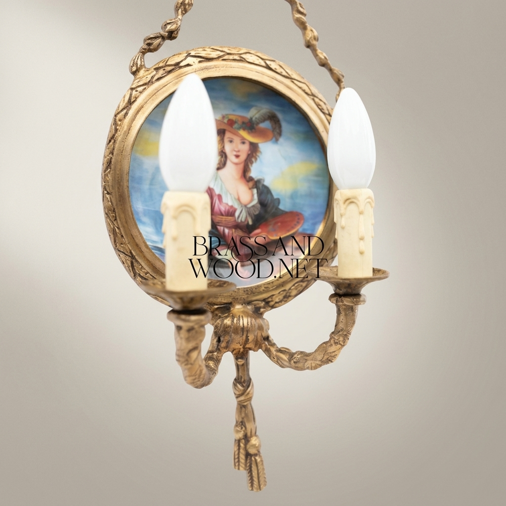 Neoclassical Brass & Porcelain Wall Sconce with Hand-Painted Lady Medallion — Antique Gold