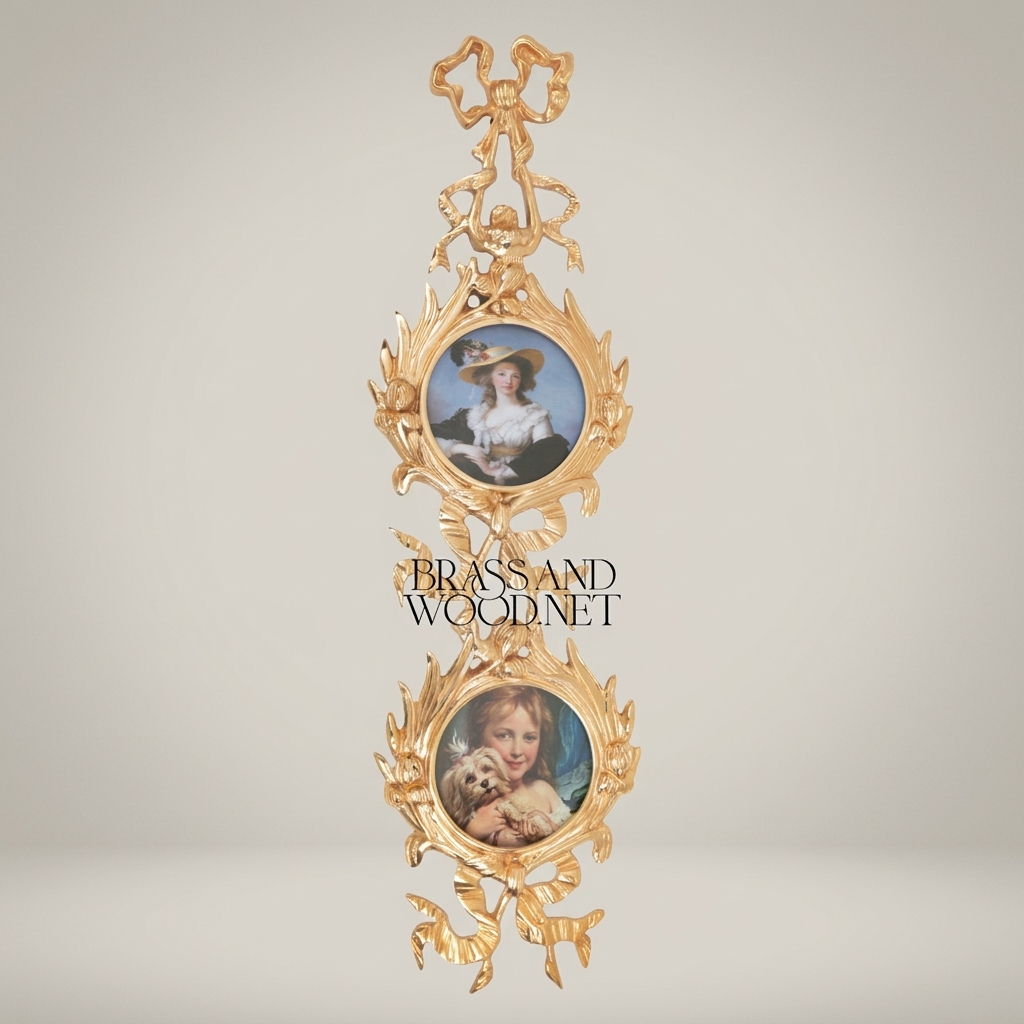Neoclassical Brass Portrait Frame Set with Bow & Laurel Medallion Surround