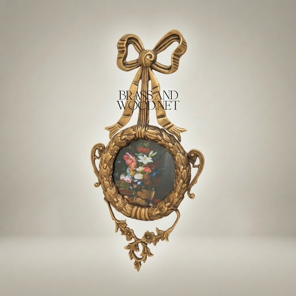 Neoclassical Brass Portrait Frame Set with Bow & Laurel Medallion Surround — Antique Gold