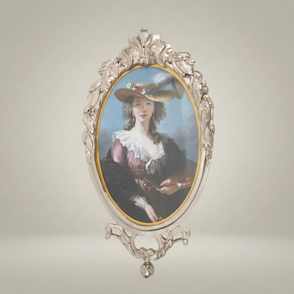 Neoclassical Brass Portrait Frame Set with Bow & Laurel Medallion Surround — Silver