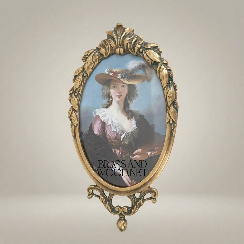 Neoclassical Brass Portrait Frame Set with Bow & Laurel Medallion Surround — Antique Gold