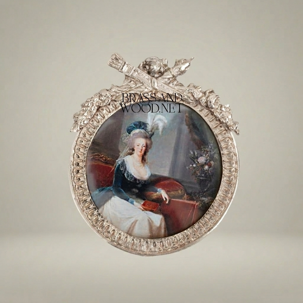 Neoclassical Brass Portrait Frame Set with Bow & Laurel Medallion Surround — Silver