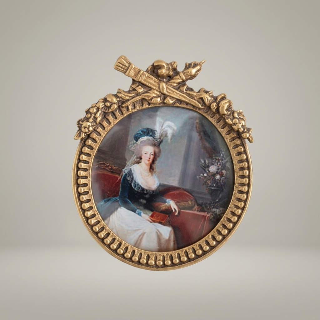 Neoclassical Brass Portrait Frame Set with Bow & Laurel Medallion Surround — Antique Gold