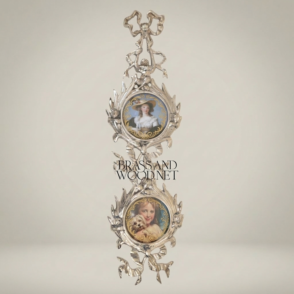 Neoclassical Brass Portrait Frame Set with Bow & Laurel Medallion Surround — Silver