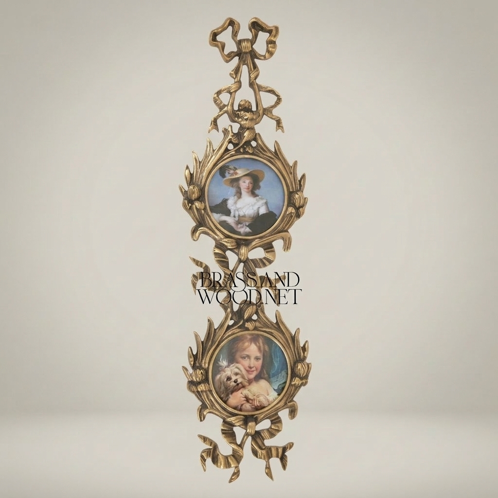 Neoclassical Brass Portrait Frame Set with Bow & Laurel Medallion Surround — Antique Gold