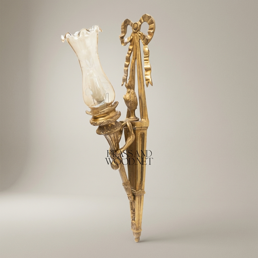 Neoclassical Brass Torch Wall Sconce with Ribbon Bow & Frosted Glass Shade — Antique Gold
