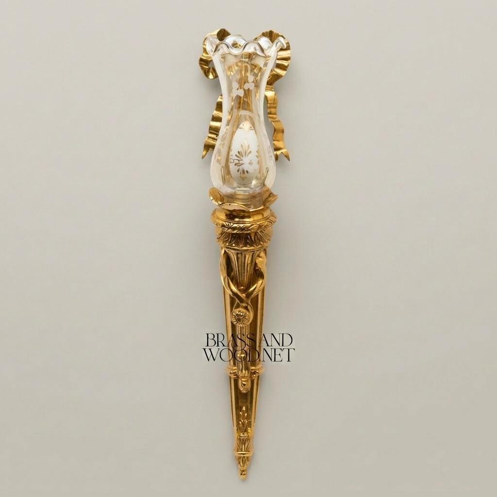 Neoclassical Brass Torch Wall Sconce with Ribbon Bow & Frosted Glass Shade
