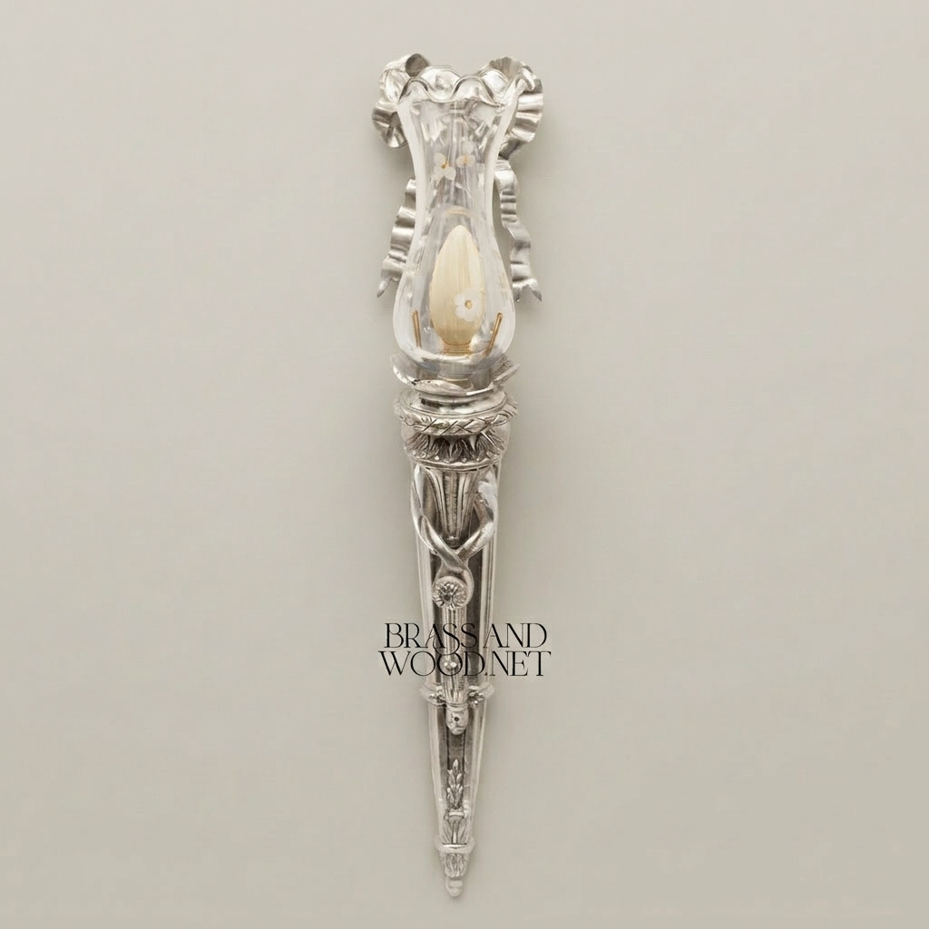 Neoclassical Brass Torch Wall Sconce with Ribbon Bow & Frosted Glass Shade — Silver