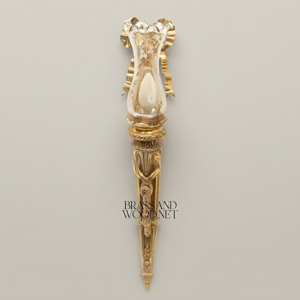 Neoclassical Brass Torch Wall Sconce with Ribbon Bow & Frosted Glass Shade — Antique Gold