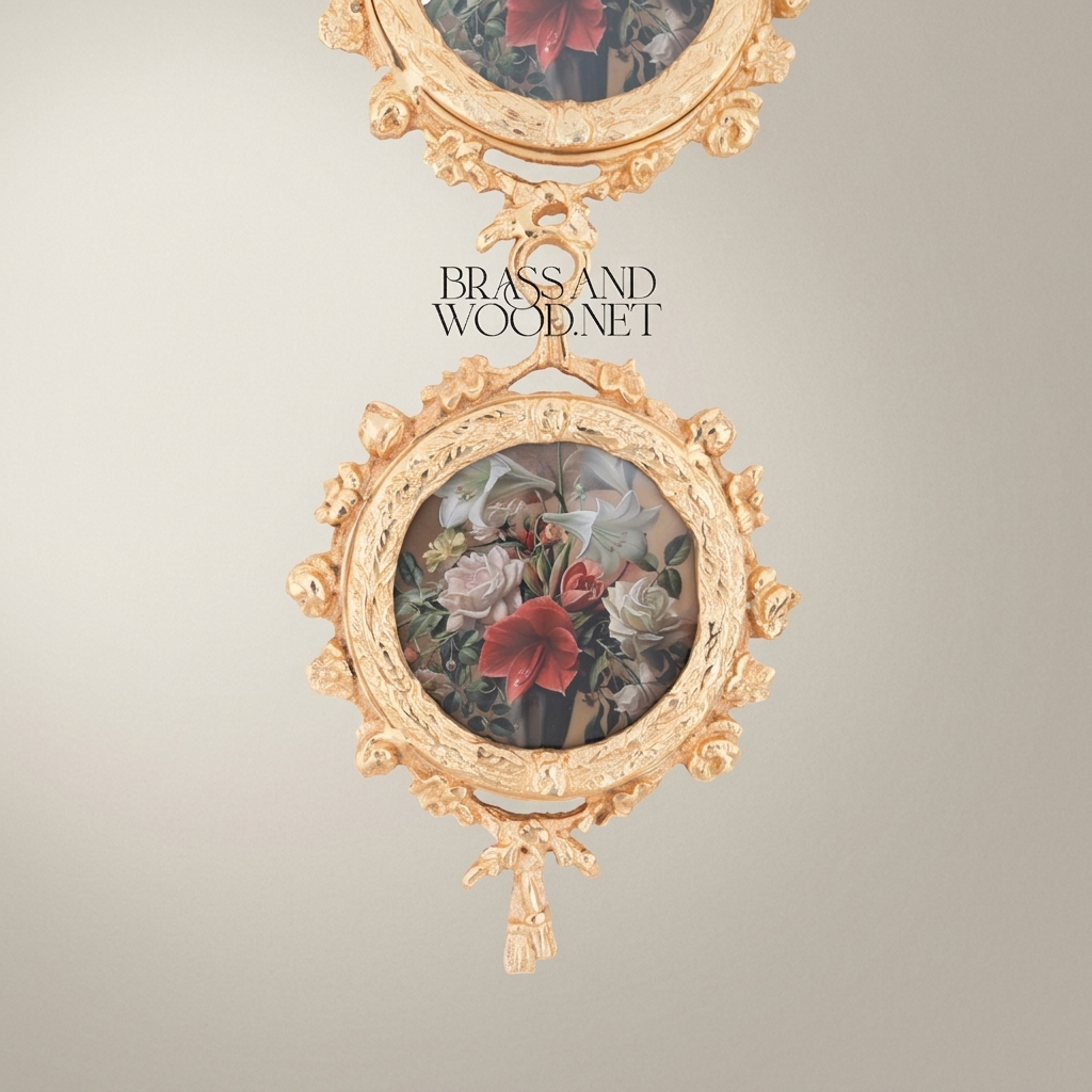 Neoclassical Brass Triple Medallion Wall Hanging with Floral Art Panels & Ribbon Swag Crown