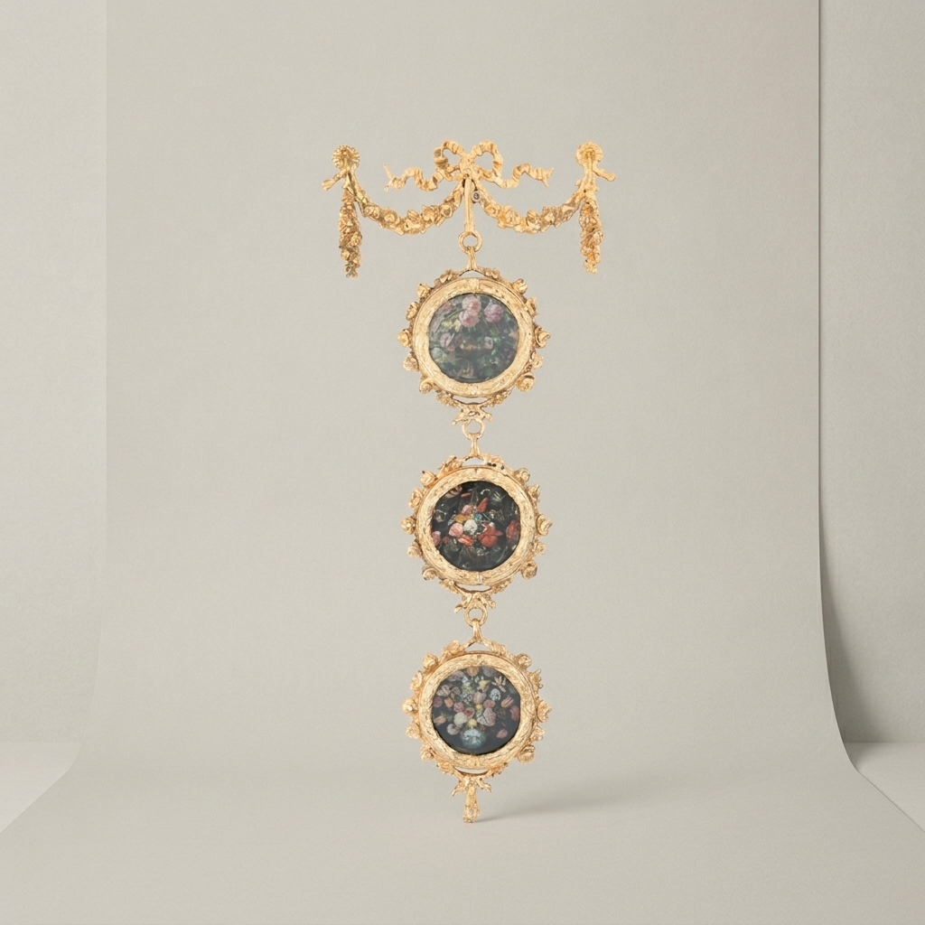 Neoclassical Brass Triple Medallion Wall Hanging with Floral Art Panels & Ribbon Swag Crown — Gold