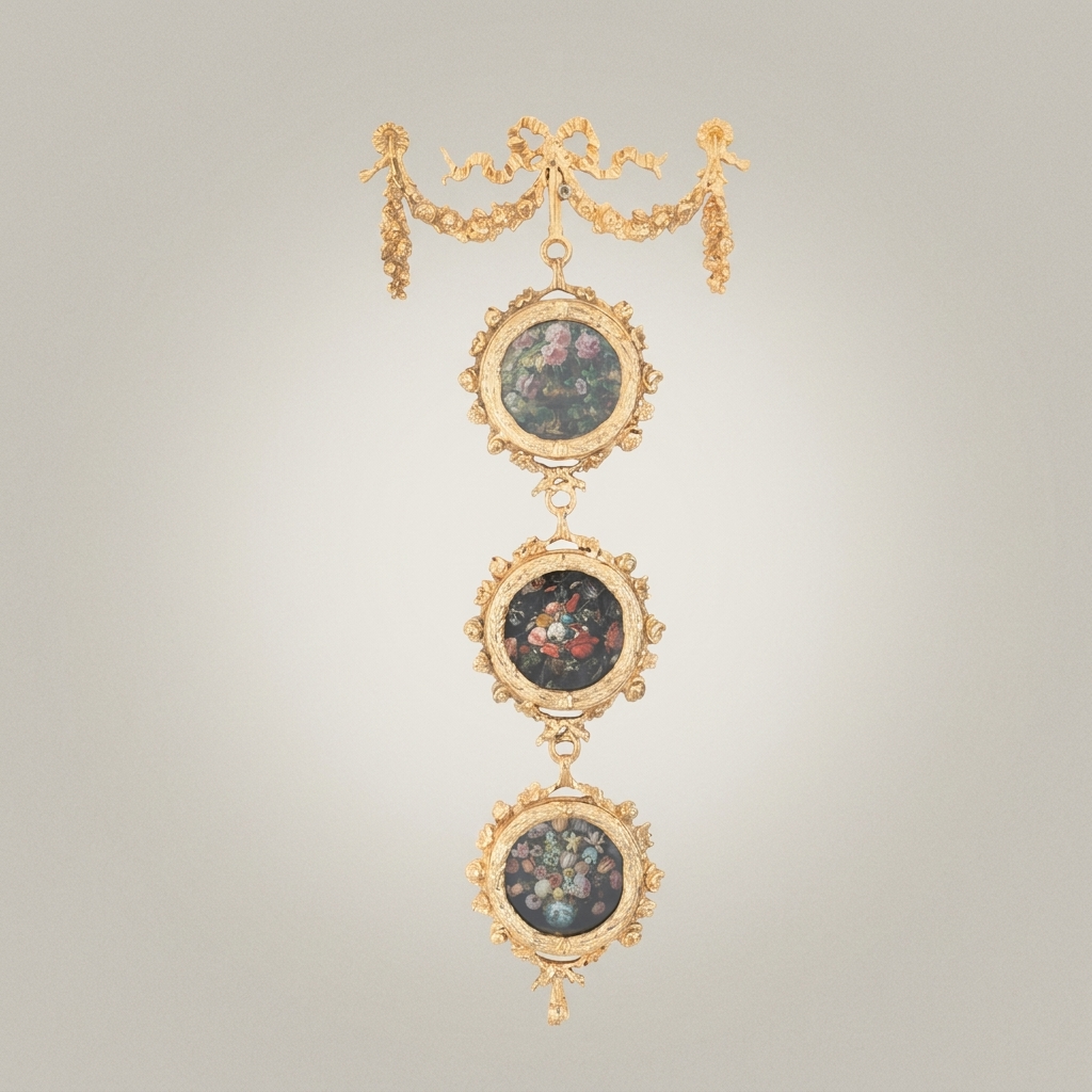 Neoclassical Brass Triple Medallion Wall Hanging with Floral Art Panels & Ribbon Swag Crown — Gold
