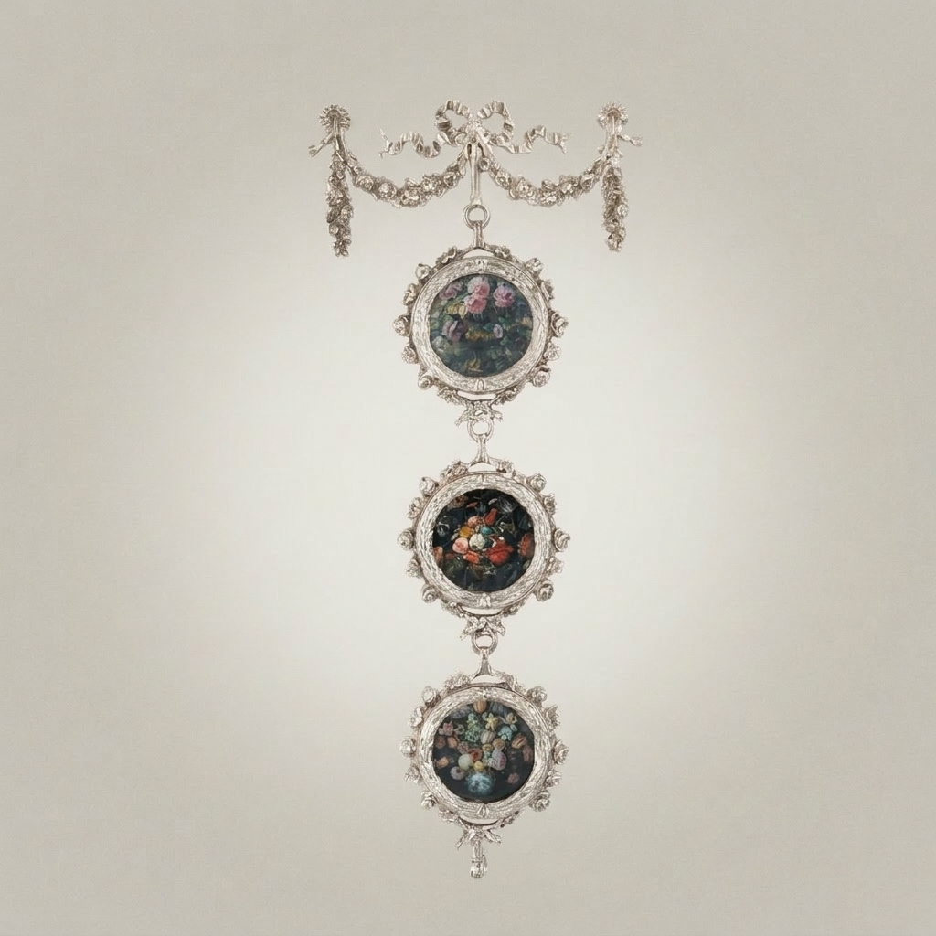 Neoclassical Brass Triple Medallion Wall Hanging with Floral Art Panels & Ribbon Swag Crown — Silver