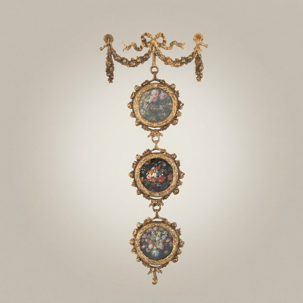 Neoclassical Brass Triple Medallion Wall Hanging with Floral Art Panels & Ribbon Swag Crown — Antique Gold