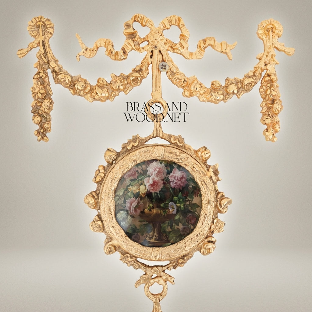 Neoclassical Brass Triple Medallion Wall Hanging with Floral Art Panels & Ribbon Swag Crown — Gold