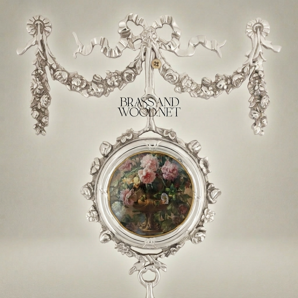 Neoclassical Brass Triple Medallion Wall Hanging with Floral Art Panels & Ribbon Swag Crown — Silver