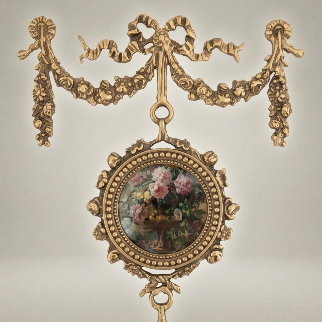 Neoclassical Brass Triple Medallion Wall Hanging with Floral Art Panels & Ribbon Swag Crown — Antique Gold