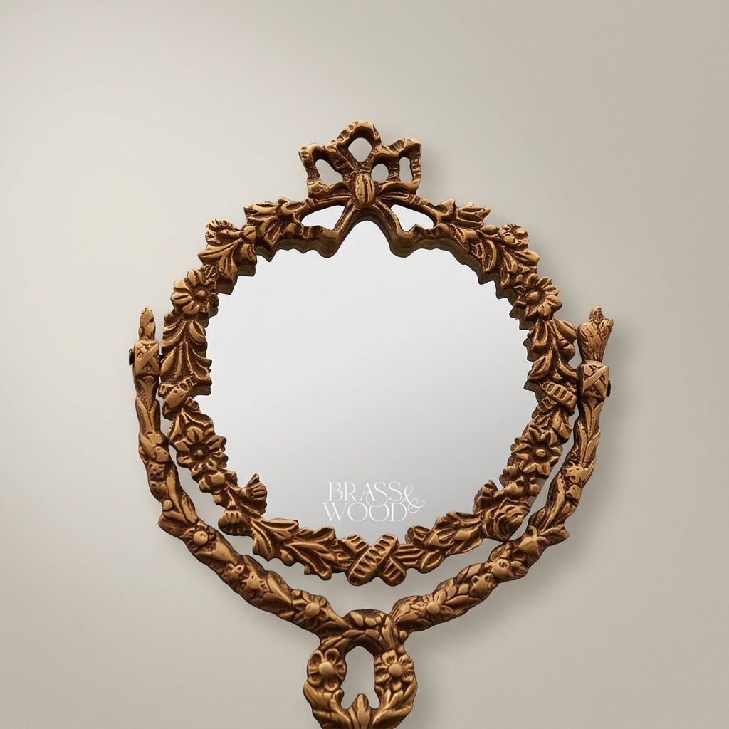 Neoclassical Brass Vanity Mirror - Laurel Wreath & Bow Tabletop Stand — Antique Gold