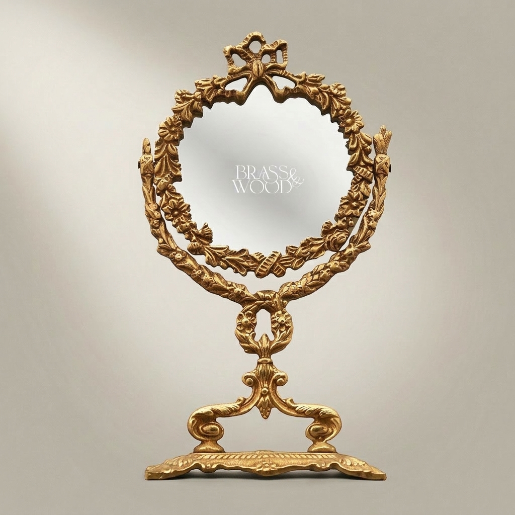 Neoclassical Brass Vanity Mirror - Laurel Wreath & Bow Tabletop Stand