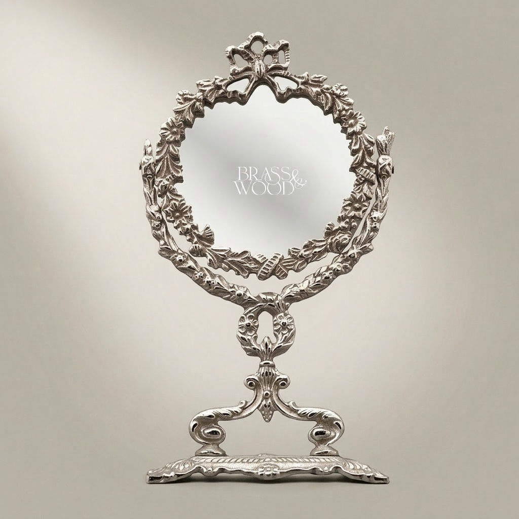 Neoclassical Brass Vanity Mirror - Laurel Wreath & Bow Tabletop Stand — Silver